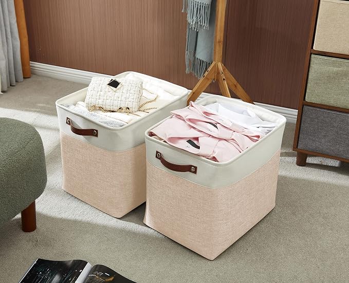 DECOMOMO Extra Large Storage Baskets, 54.5L Fabric Storage Bins 3 Pack | XXXL Storage Baskets for Shelves, Linen Closet Organizers (Beige & White, 17" x 13" x 15") - Image 8