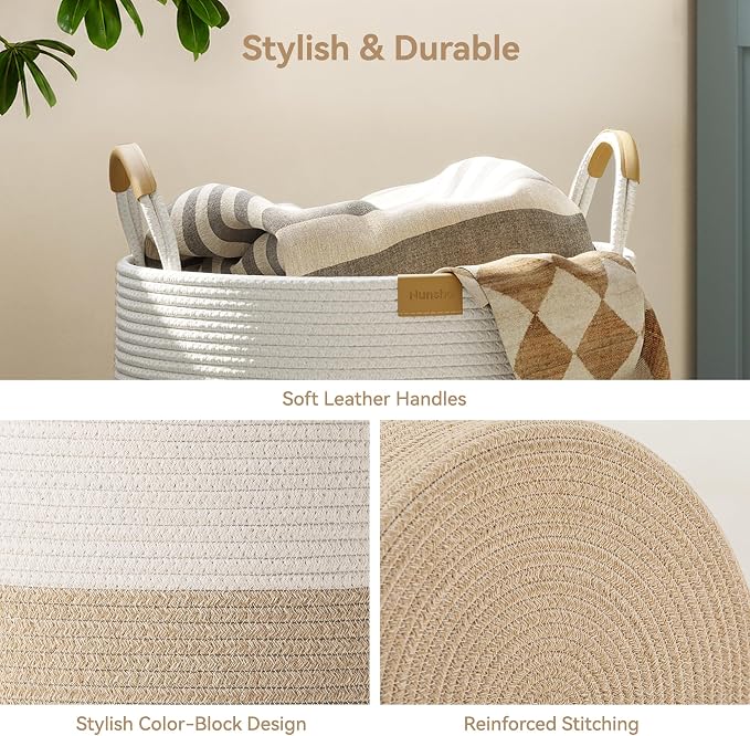Nunsino 72L Woven Blanket Basket with Leather Handles, Cotton Rope Laundry Basket Hamper,Decorative Nursery Basket Toy Storage Basket for Kids, Living Room, Bedroom, Beige Stripes - Image 6