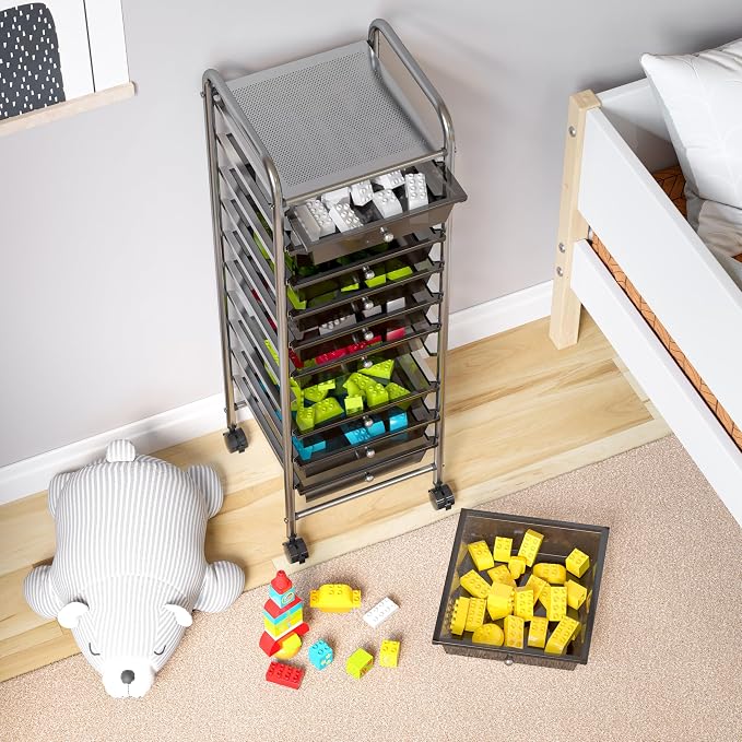 Seville Classics Rolling Utility Organizer Storage Cart, for Home Office, School, Classroom, Scrapbook, Hobby, Craft, 10 Drawer, Black - Image 12