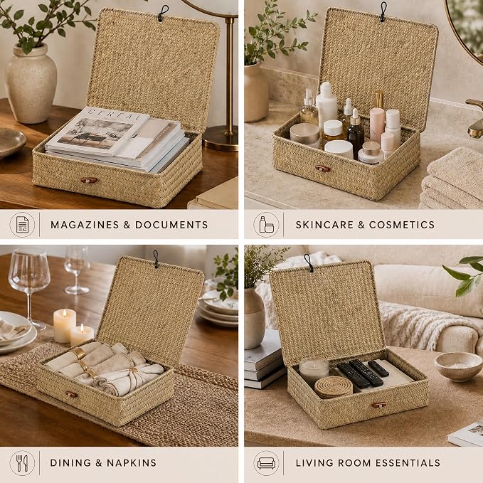 YANGQIHOME Set of 2 Seagrass Baskets with Lids, Rectangular Woven Storage Baskets, Natural Wicker Basket Boxes for Coffee Table, Shelf, Bathroom Counter & Closet Decor (Natural, Set of 2) - Image 7