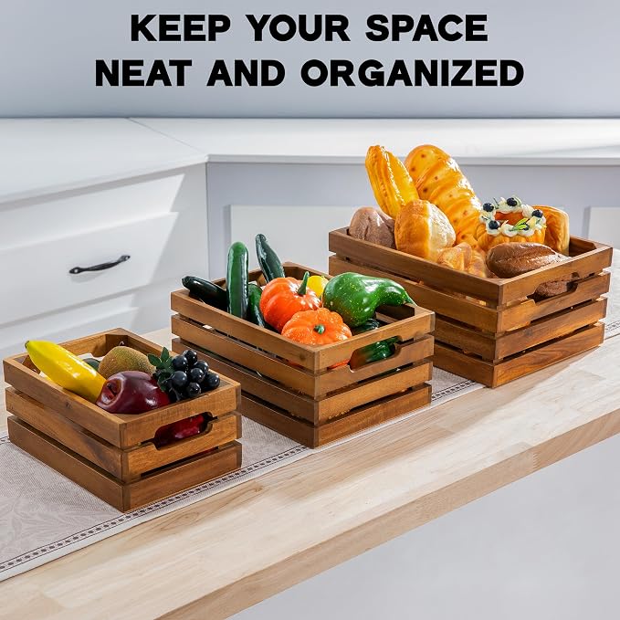 Nesting Wood Storage Crates (Set of 3) - Natural Acacia Wood Stackable Wooden Boxes for Storage & Organization - Decorative Wooden Basket Set for Fruits, Shelving & Home Decor - Image 9
