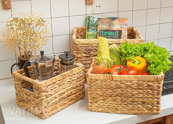 VATIMA Large Rectangular Wicker Basket with Wooden Handles for Shelves and Storage - Natural Water Hyacinth Basket for Organizing, 14.5 x 10.3 x 7.5 inches - Image 9