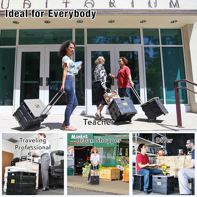 dbest Products Quik Cart Standard Collapsible Rolling Crate - Gray Lid | with Wheels, Roll Up to 80 lbs Capacity, Heavy Duty Plastic Construction, Telescoping Handle, Foldable Utility Cart - Image 6