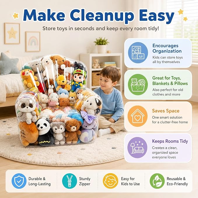 Clear Stuffed Animal Storage Bean Bag Chair Cover for Kids with Zipper | Transparent Waterparoof Wipe Clean Thicker PVC, Holds 180+ Stuffed Animals, Double Zipper for Plush Toys Storage & Organizing - Image 7