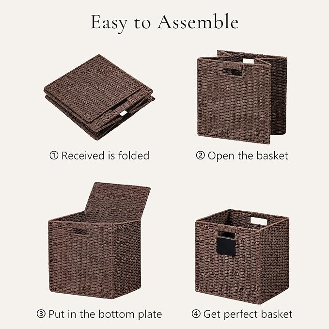 UBBCARE 2 Pack Wicker Basket, 12×12 Storage Cubes with Label, Foldable Cube Storage Bin with Handle, Square Storage Basket for Shelves, Woven Paper Rope Basket for Organizing, Brown - Image 7