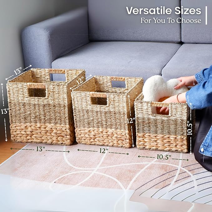 13x13 Wicker Storage Cubes, 13x13x13 Storage Cube Bins Set 4 | 13 Inch Cube Storage Bins Baskets For Shelves, Large Woven Cube Storage Bin With Handle, Foldable Square Baskets For Storage - Image 8