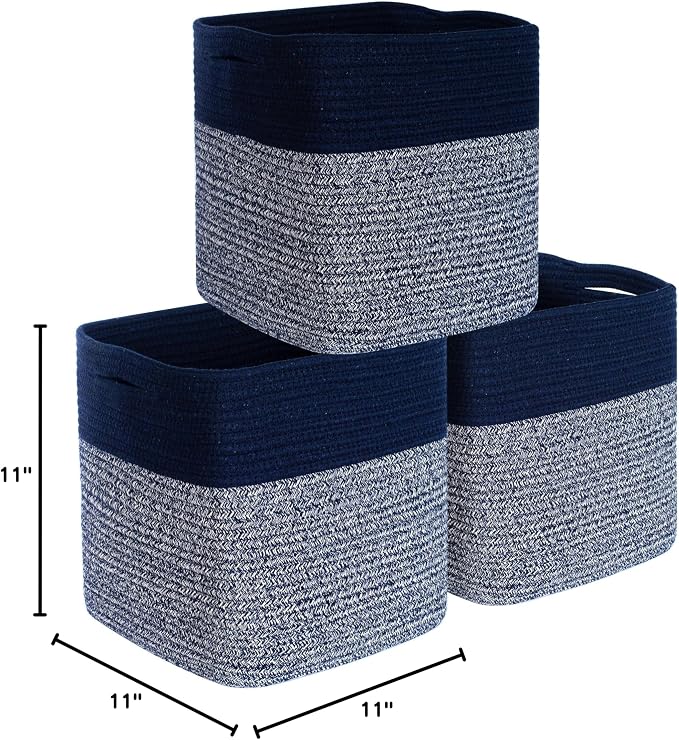 3-Pack 11x11in Woven Cube Storage Bin and Shelf Baskets, Cute Decorative Square Organizer for Closet, Classroom, Bathroom, Dog and Cat Toys, and Books, Navy Blue - Image 9