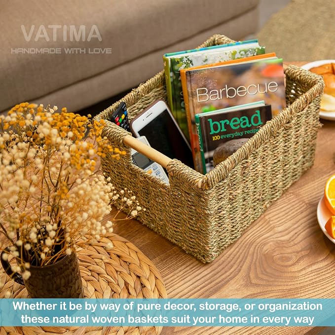 Large Wicker Basket Rectangular with Wooden Handles for Shelves, Seagrass Basket Storage, Natural Baskets for Organizing, Wicker Baskets for Storage - 3 Pack Large - Image 9
