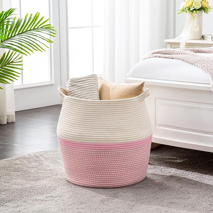 KAKAMAY Woven Baskets for Storage(17"x17"),Large Cotton Rope Woven Baby Laundry Hamper,Collapsible Laundry Basket, Blanket Basket for Organizing Living Room,Nursery,Pillows,Toy Chest(Pink) - Image 7