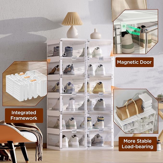 ANTBOX Foldable Shoe Rack,Shoe Organizers for Closet Plastic Shoe Storage Box Space Saving for Entryway, Large Sturdy Stackable Sneaker Cabinet Bins with Magnetic Clear Door 8 Tiers 16 Pairs - Image 6