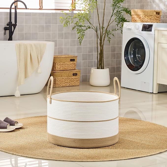 KAKAMAY Large Blanket Basket with Handles, Storage Basket for Living Room | Extra Large Capacity | Natural Cotton Rope | Blanket Storage | Woven Storage Basket | Stuffed Animal Storage | Laundry Basket - Image 6