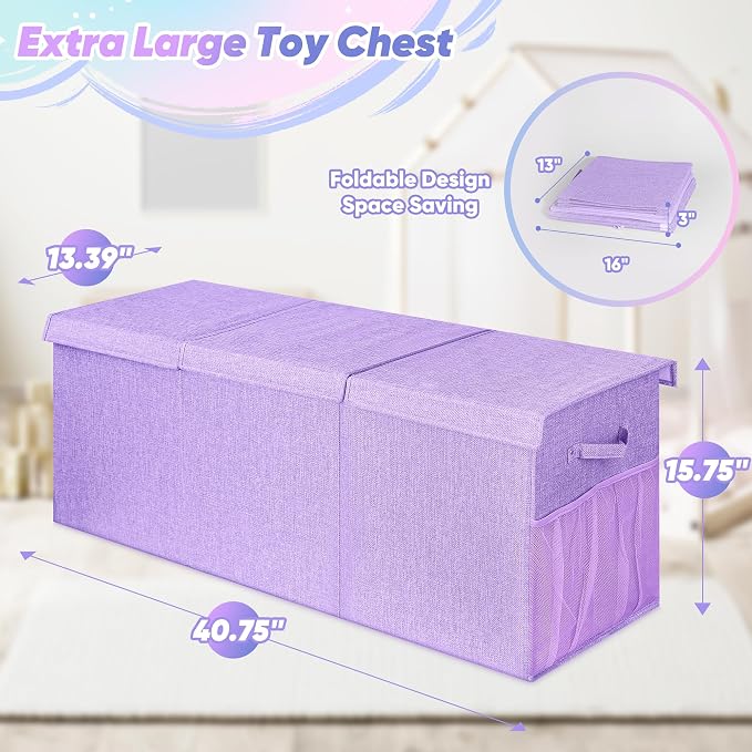 Extra Large Toy Box, Collapsible Toy Storage Organizer, 40"x16"x16", Purple | Sturdy Kids Toys Bin Chest with 2 Pockets and Dividers for Boys Girls, Dust-Proof, Nursery Bedroom Organization - Image 7