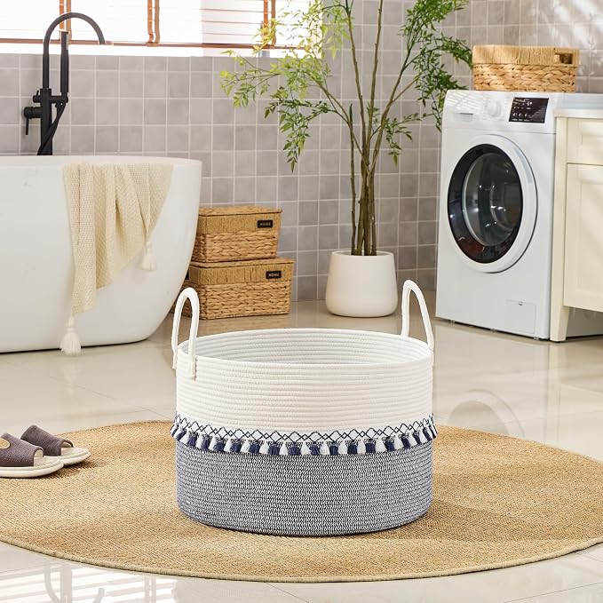 KAKAMAY Large Blanket Basket with Handles, Storage Basket for Living Room | Extra Large Capacity | Natural Cotton Rope | Blanket Storage | Woven Storage Basket | Stuffed Animal Storage | Laundry Basket - Image 6