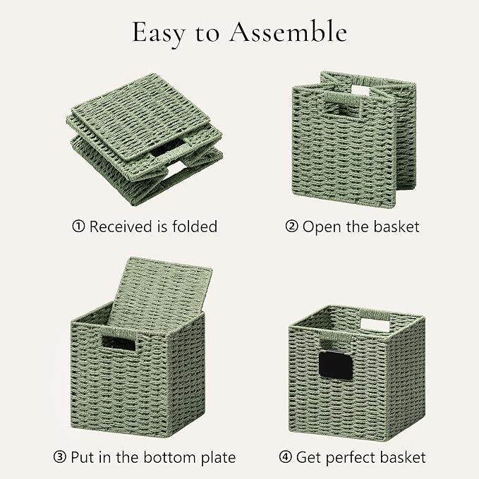 UBBCARE 4 Pack Small Wicker Basket, 9×9 Storage Cubes with Label, Foldable Green Decor Cube Storage Bin with Handle, Square Storage Basket for Shelves, Woven Paper Rope Basket for Organizing, Green - Image 7