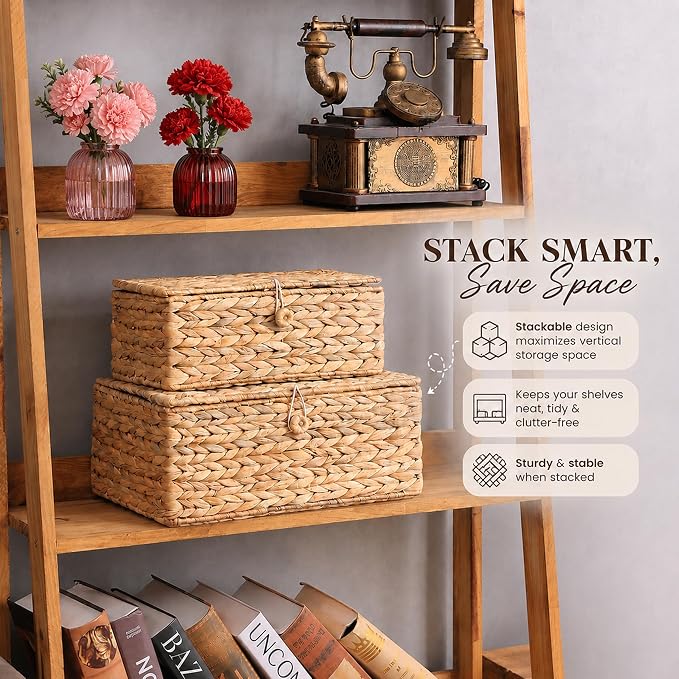 LUSYDECO Set of 3 Wicker Storage Baskets with Lid, Large Rectangular Rattan Basket Decorative Boxes, Natural Water Hyacinth Wicker Basket for Shelf Organizer, Nursery Room - Image 7