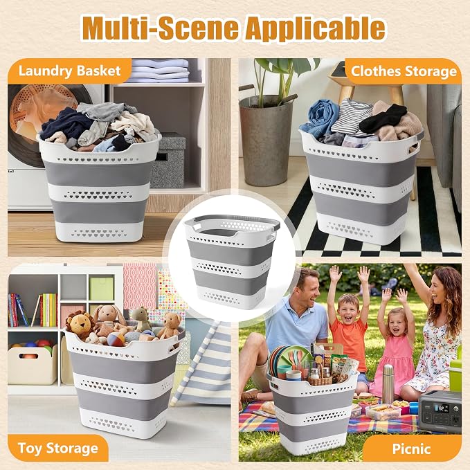 2 Pcs 42L Collapsible Laundry Baskets- Foldable Laundry Basket with Handles, Sturdy Plastic Pop Up Laundry Hamper, Space Saving Storage Container for Wet/Dry Use, Ideal for Home, Dorm, Apartment Grey - Image 7