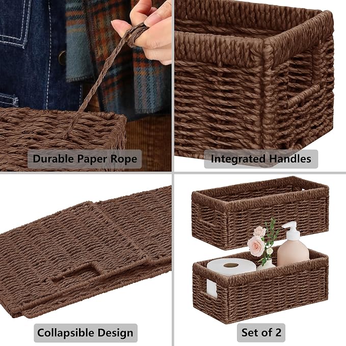 Wicker Storage Basket, Set of 2 Hand Woven Wicker Baskets for Organizing with Handles, Decorative Small Storage Bins for Countertop Toilet Paper Basket for Toilet Tank Top, Shelves, Brown - Image 8