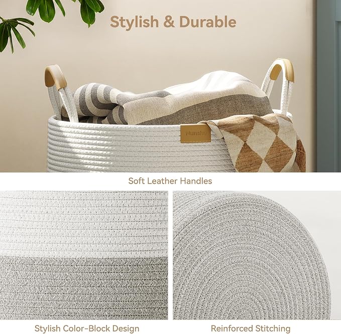 Nunsino 115L Woven Blanket Basket with Leather Handles, Cotton Rope Laundry Basket Hamper,Decorative Nursery Basket Toy Storage Basket for Kids, Living Room, Bedroom,Gray White Stripes - Image 6