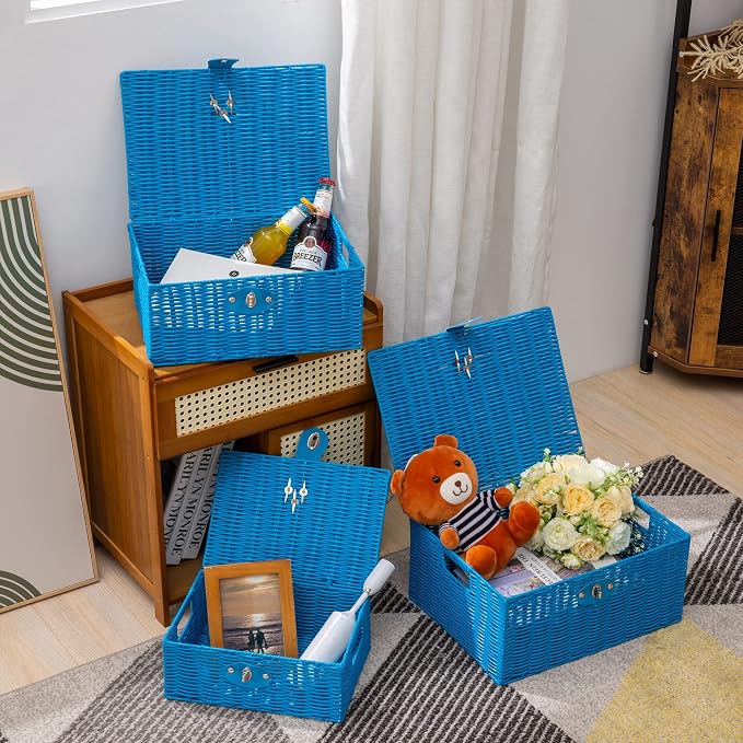 Set of 3 Woven Wicker Storage Basket Box with Lids & Lock, Built-in Carry Handles, Multifunctional Storage Organizer for Nursery, Baby, Clothes, Toys, Books, Large/Medium/Small Size (Blue) - Image 9
