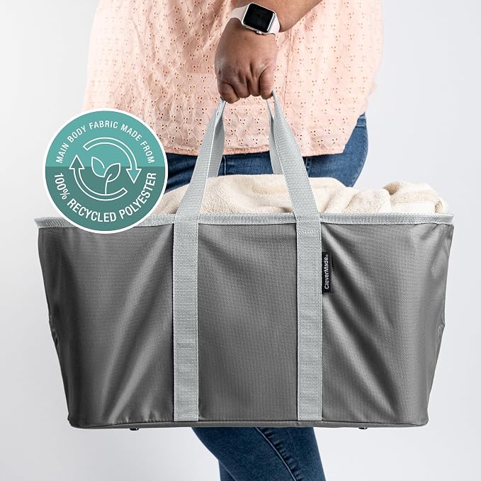 CleverMade Collapsible Fabric Laundry Baskets - Foldable Pop Up Storage Container Organizer Bags - Large Rectangular Space Saving Clothes Hamper Tote with Carry Handles, Pack of 2, Charcoal | Carry a Full Load with One Hand | Long Center Handles Balanc... - Image 7