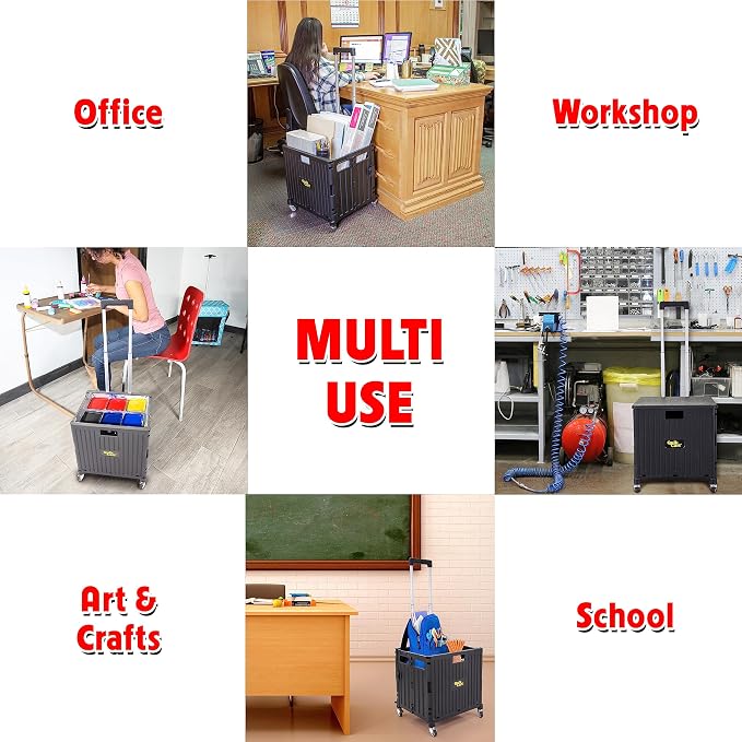 dbest Products Quik Cart Stair Climber Wheeled Rolling Crate Teacher Utility with seat Heavy Duty Collapsible Basket with Handle, 18" D x 17" W x 39" H, Black | with Wheels, Up to 80 lbs Capacity, Heavy Duty, Telescoping Handle, Folding Utility Cart wi... - Image 6