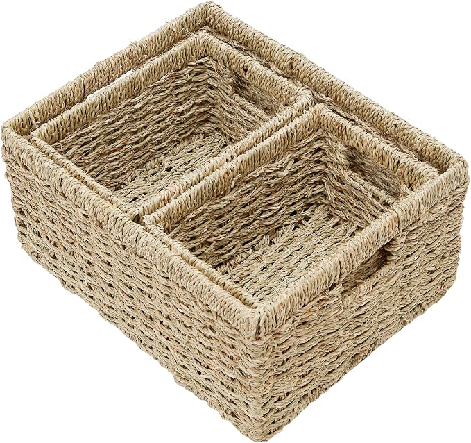 Wicker Basket, Set of 3 Hand-woven Storage Baskets for Organizing, Seagrass Wicker Storage Basket Bins with Handles, Small Toilet Paper Storage Baskets for Shelves Pantry Baskets (Seagrass) - Image 8
