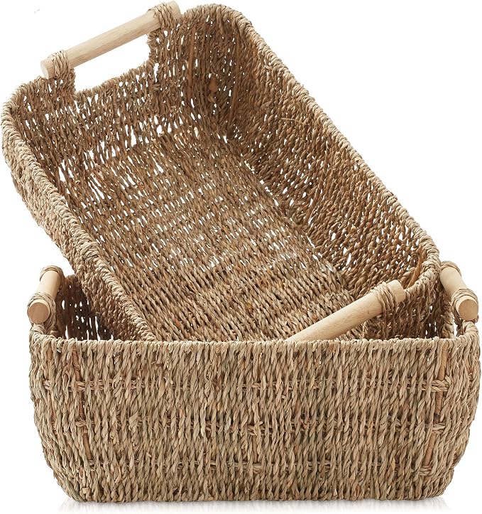 Casafield Set of 2 Seagrass Oval Storage Baskets with Wooden Handles - Large, Woven Bin Organizers - Image 7