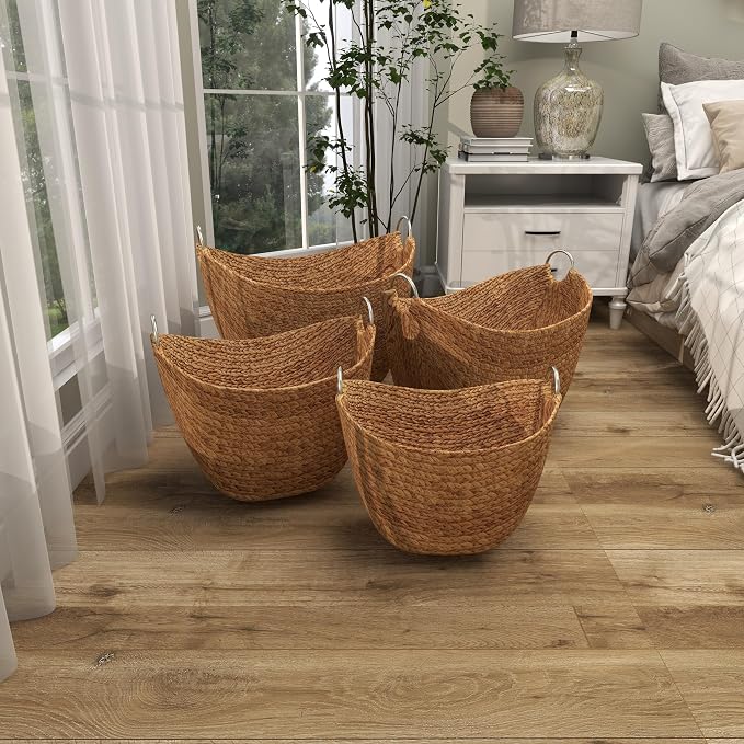 Deco 79 Seagrass Handmade Decorative and Functional Storage Basket Woven Curved Basket Organizer with Silver Metal Handles, Set of 4 Basket for Storage 14", 16", 19", 21"W, Brown | Decorative And Functional Handmade Woven Curved Basket Organizer With S... - Image 8
