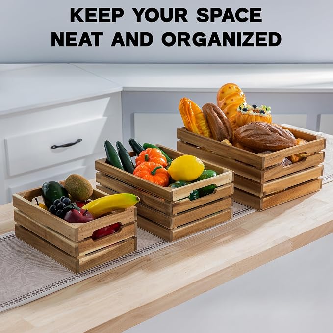 Nesting Wood Storage Crates (Set of 3) - Light Natural Acacia Wood Stackable Wooden Boxes for Storage & Organization - Decorative Wooden Basket Set for Fruits, Shelving & Home Decor - Image 9