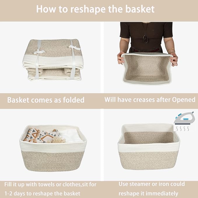 XUANGUO Woven Cotton Rope Storage Baskets 15x10x9.3" 3 Pack White and Brown | Decorative rectangular storage baskets for shelves and closets; storage bins organize clothes, toys, books and nursery items. - Image 7