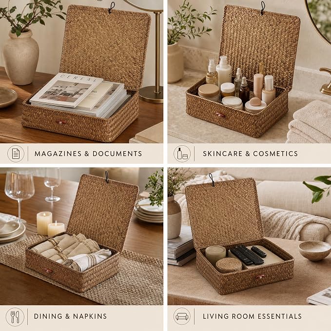 YANGQIHOME Set of 2 Seagrass Baskets with Lids, Rectangular Woven Storage Baskets, Natural Wicker Basket Boxes for Coffee Table, Shelf, Bathroom Counter & Closet Decor (Coffee, Set of 2) - Image 7