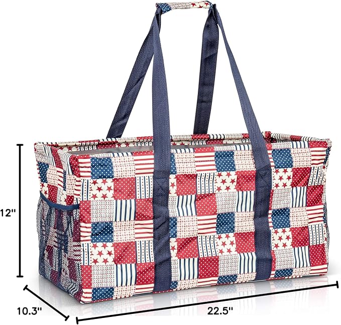 Extra Large Utility Tote Bag - Oversized Collapsible Reusable Wire Frame Rectangular Canvas Basket With Two Exterior Pockets For Beach, Pool, Laundry, Car Trunk, Storage - Patriotic Americana - Image 10