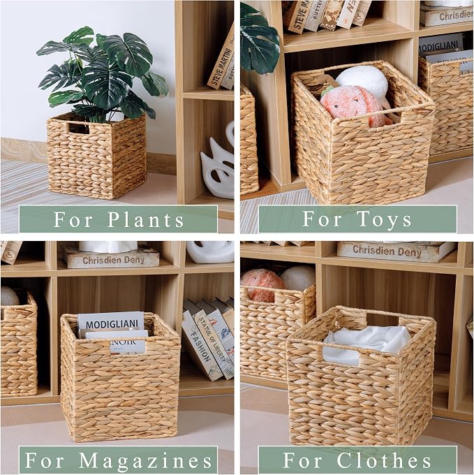 10.5x10.5 Water Hyacinth Storage Baskets, Collapsible Square Wicker Baskets Cube Storage Bins for 11 Inch IKEA Kallax, Set of 3 - Image 7