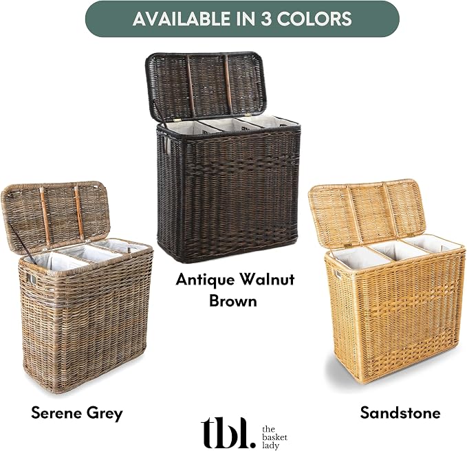 The Basket Lady 3-Compartment Wicker Laundry Hamper, Sandstone | 30" L x 15" W x 28" H, 1.66 cu-ft per section - 3 Fabric Liners, Handcrafted, Fully-assembled, Hinged Lid, Natural rattan - Image 6