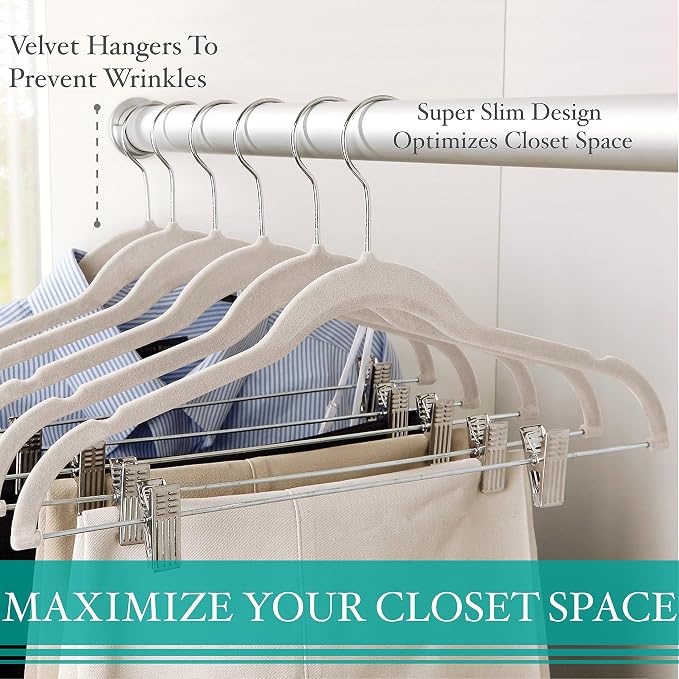 Simplify 60 Pack Velvet Hangers with Clips | Skirt and Pants | Slim Space Saving | Closet Organization | Non-Slip | Prevent Creases | Swivel Neck | Durable | Ivory - Image 4