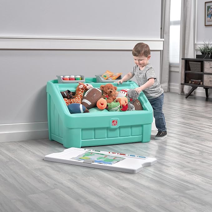 Step2 2-in-1 Toy Box & Art Lid, Kids Toy Storage Bin & Organizer, Easel & Chest in One, Made of Durable Plastic, For Toddlers 2+ Years Old, Mint - Image 7