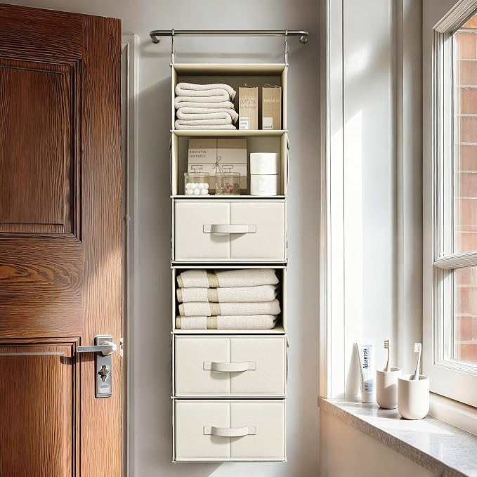 6-Shelf Hanging Closet Organizer with 3 Drawers, 2-in-1 Design, Beige | Converts into Two 3-Shelf Organizers, Foldable Drawers, Side Pockets, Ideal for Wardrobe, Nursery, Dorm & Closet Storage - Image 8