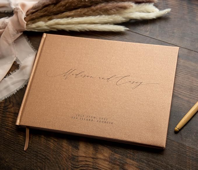 Personalized Guestbook in Bronze Shimmer - Premium Custom Modern Guest Book for Wedding Reception, Birthday Party or Events w/Bookmark Blank Pages for Signing 11.5 x 8.5 inches - Image 7