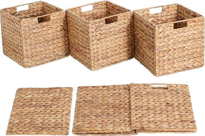 12 x 12 x 12in Water Hyacinth Storage Baskets, Wicker Storage Baskets for Shelves, Foldable Square Bins for IKEA Kallax Set of 3, Large Cubby Rattan Basket, Wicker Basket for Organizing - Image 7