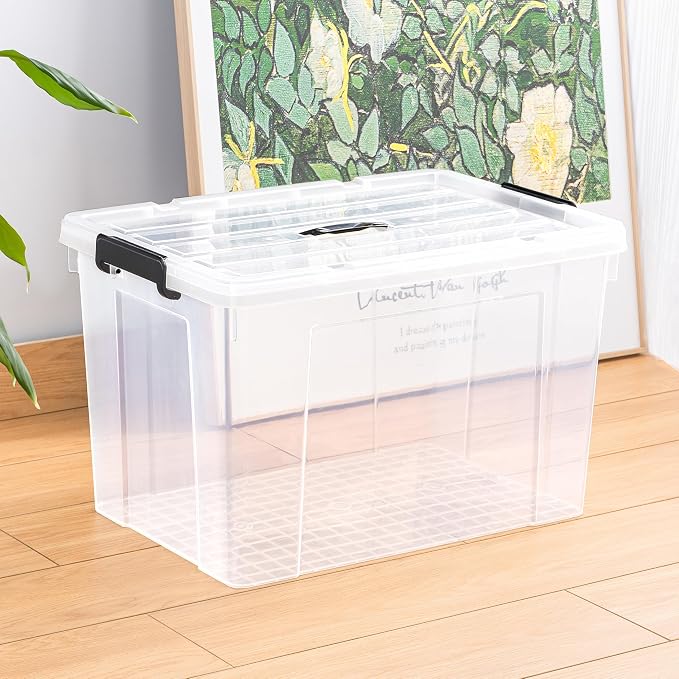 Cetomo Lidded Storage Bin with Handle, Storage Bins with Lid, Organizing Container with Secure Latching Buckles, Stackable and Nestable, Plastic, 95 Quart-4 Pack, Clear - Image 8
