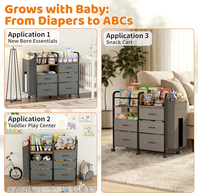 CODACE Baby Diaper Caddy Organizer Cart - Baby Organizers and Storage | Bedside Cart with Drawers & Side Storage, Nursery Essentials, 3 Tier Rolling Carts with Wheels for Bedroom, Easy to Assemble - Image 8