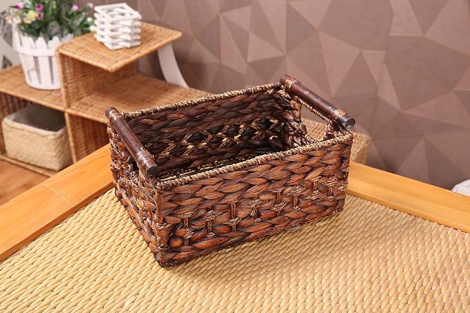 Water Hyacinth Wicker Storage Basket with Wood Handles, Medium | Rectangular dark brown woven rattan basket, for shelves, kitchen countertops, closet, holds magazines, toilet paper - Image 6