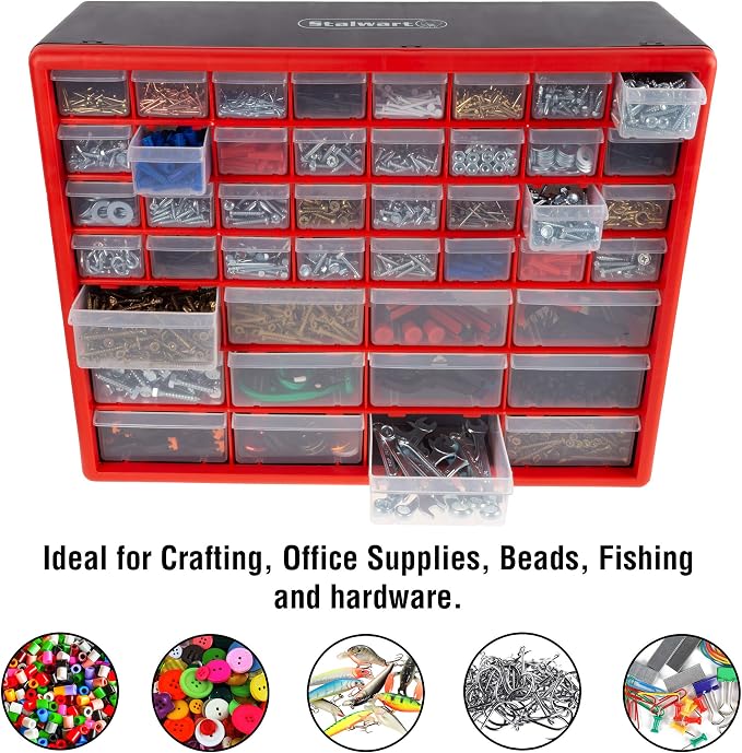 Stalwart 44 Drawer Storage Cabinet with 12 Large, 32 Small Compartments | Desktop or Wall Mount Plastic Organizer for Hardware, Small Parts Storage, or Craft Supplies - Image 6