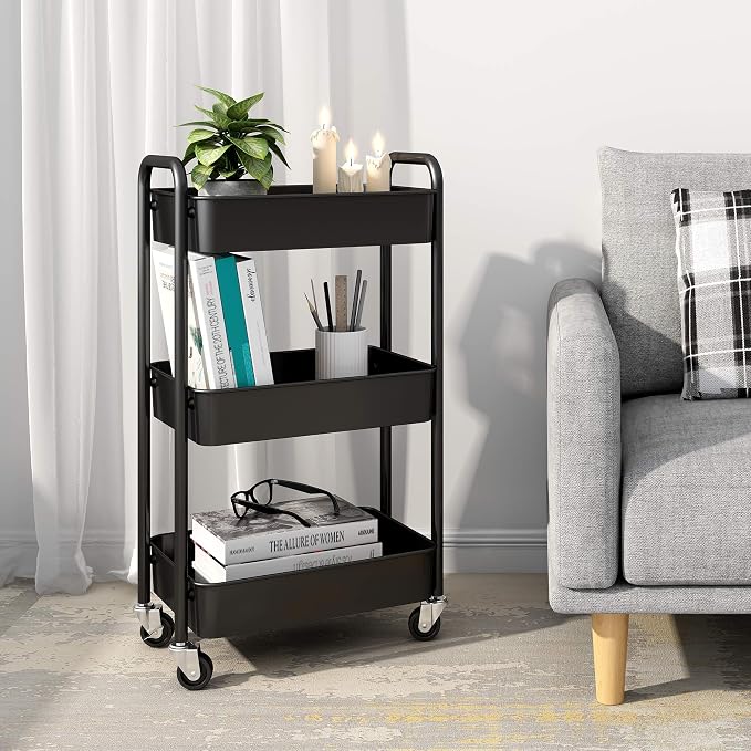 CAXXA 3-Tier Rolling Metal Storage Organizer - Mobile Utility Cart, Kitchen Cart with Caster Wheels (Black) - Image 9