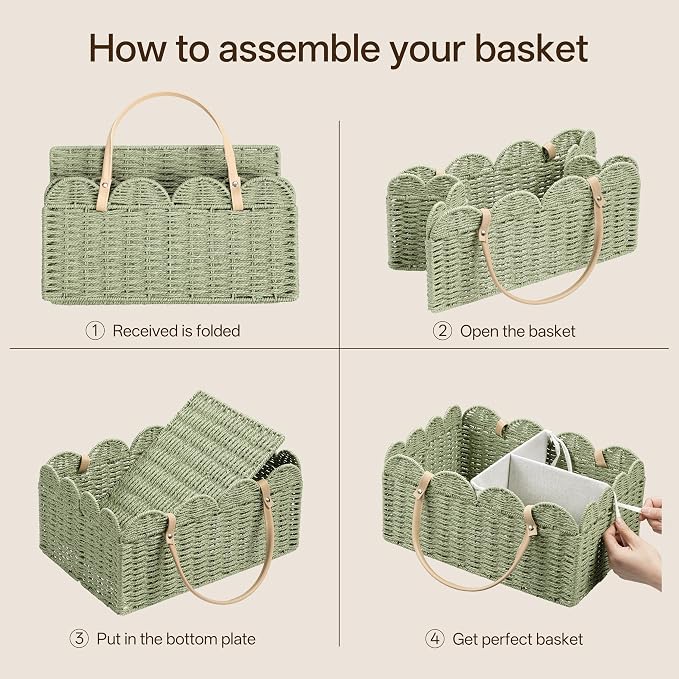 HBlife Large Baby Diaper Caddy, Paper Rope Scalloped Storage Baskets Nursery Bin with Removable Divider, Portable Car Organizer for Diapers, Baby Shower Gifts, Newborn Essentials Must Haves, Green - Image 7