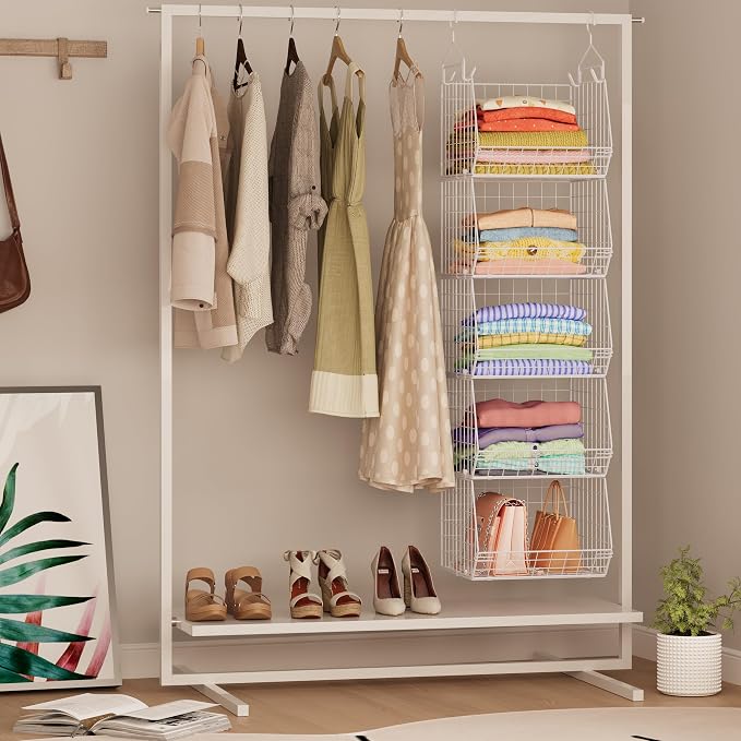 5 Tier Closet Hanging Organizer, Clothes Hanging Shelves with 4 Hanging Hooks 5 S Hooks, Wire Storage Basket Bins, for Clothing Sweaters Shoes Handbags Clutches Accessories Patent Design-White - Image 7