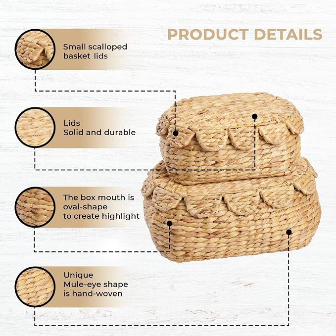 LUSYDECO Set of 2 Wicker Storage Baskets with Lid, Rattan Basket Decorative Boxes, Woven Storage Box Hyacinth Basket with Lids, Small Scalloped Edge Wicker Baskets with Lids - Image 7
