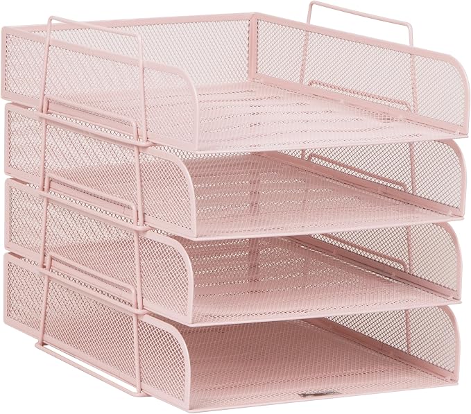 Mind Reader Stackable Paper Tray, Desktop Organizer, File Storage, Office, Metal Mesh, 10.5" L x 13.5" W x 11.25" H, 4 Pcs., Pink - Image 7