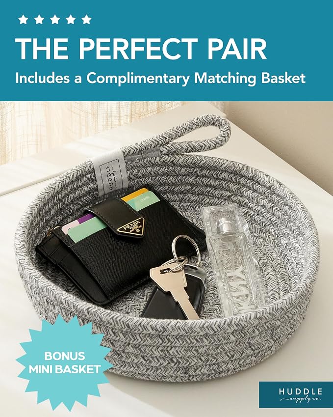 Huddle XXXXL WASHABLE Jumbo 125L Blanket Basket for Living Room, Toys, Baby | Woven Decorative Cotton Rope Black Grey Big Basket+Mini Basket for Nursery, Dog Toys, Storage, Organization Bins 24x17in - Image 6