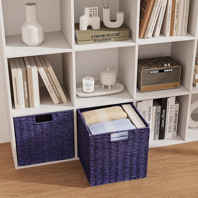 Wicker Storage Basket, Set of 2 Hand-Woven Paper Rope Wicker Basket, Foldable Cube Storage Bins, 9 inch Square Storage Baskets for Organizing Shelves & Decor, Purple (9″×9″×9″) - Image 9